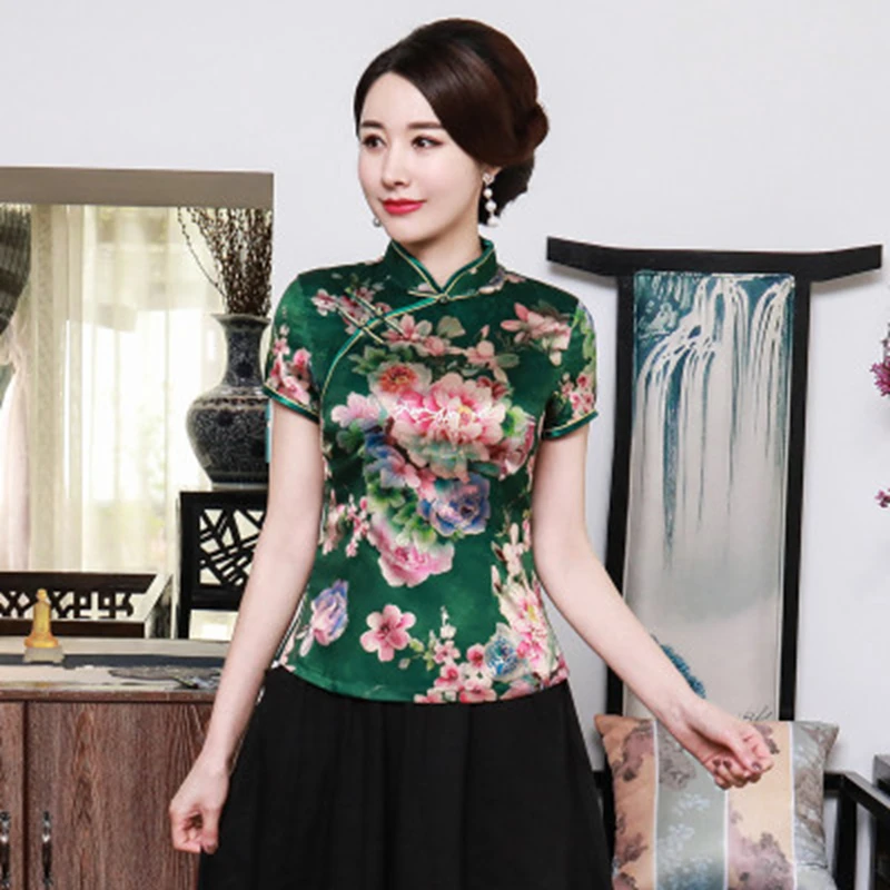 Plus size cheongsam women blouse shirt Chinese style elegant thin short-sleeved shirt women tops  mother Chinese shirt Qipao