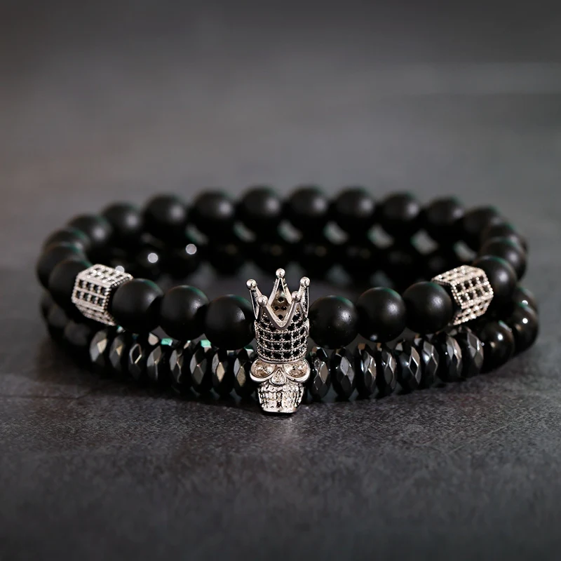 Copper CZ Crystal Crown Skeleton Beads Bracelet Men Natural Black Hematite Frosted Stone Bnagles Bracelets Luxury Couple Jewelry