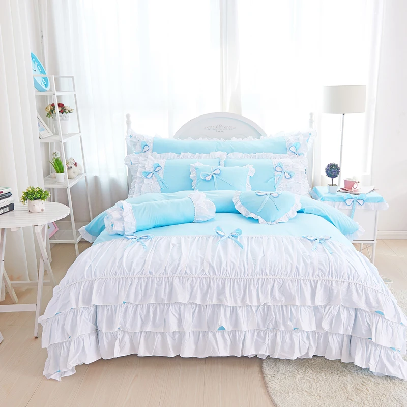 100% Cotton Princess Bedding Set Korean Style Blue White Ruffles Bow Duvet Cover Bed skirt Pillowcases Solid Color Home Textile