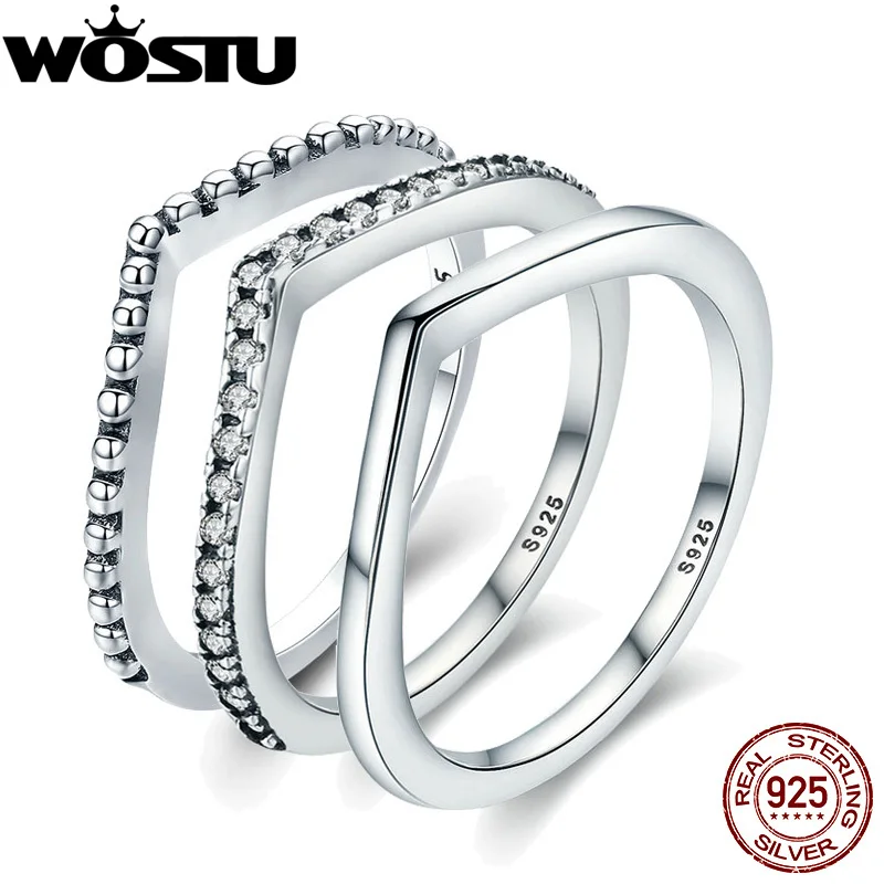 WOSTU Simple Rings 100% 925 Sterling Silver Shimmering Wish Stackable Ring For Women Wedding Original Fashion Jewelry Gift