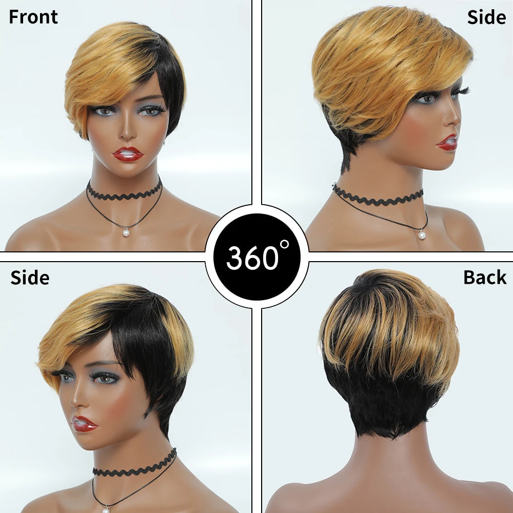 SSH Short Honey Blonde Ombre Color Brazilian Hair Bob Wig With Bangs Pixie Cut Straight Machine Made Human Hair Wigs For Women