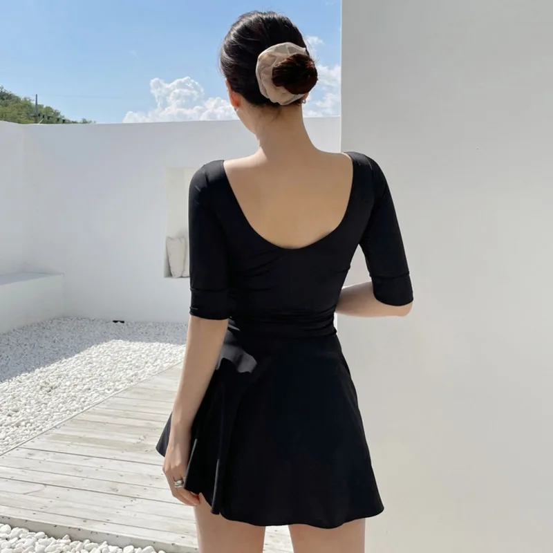 Short Sleeve One Piece Swimsuit Black Skirt Swimwear Women 2022 Solid Sexy Swimdress Slimming Korean Style Bathing Suit Female