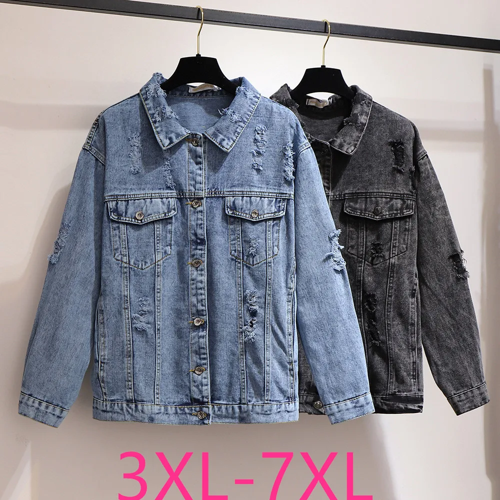 

New Spring Autumn Plus Size Women Clothing Jacket For Women Large Long Sleeve Casual Loose Cotton Hole Blue Denim Coat 7XL