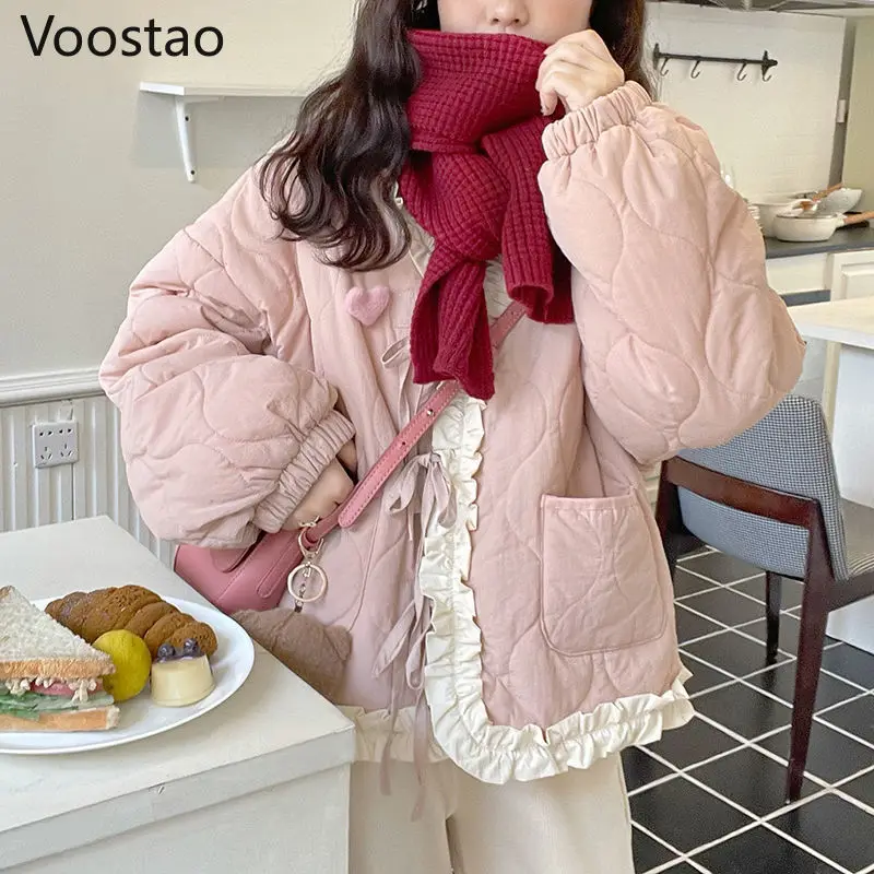 Japanese Winter Women Kawaii Loose Warm Jacket Korean Fashion Bow Bandage Thicken Cotton Padded Coats Girly Sweet Parkas Outwear