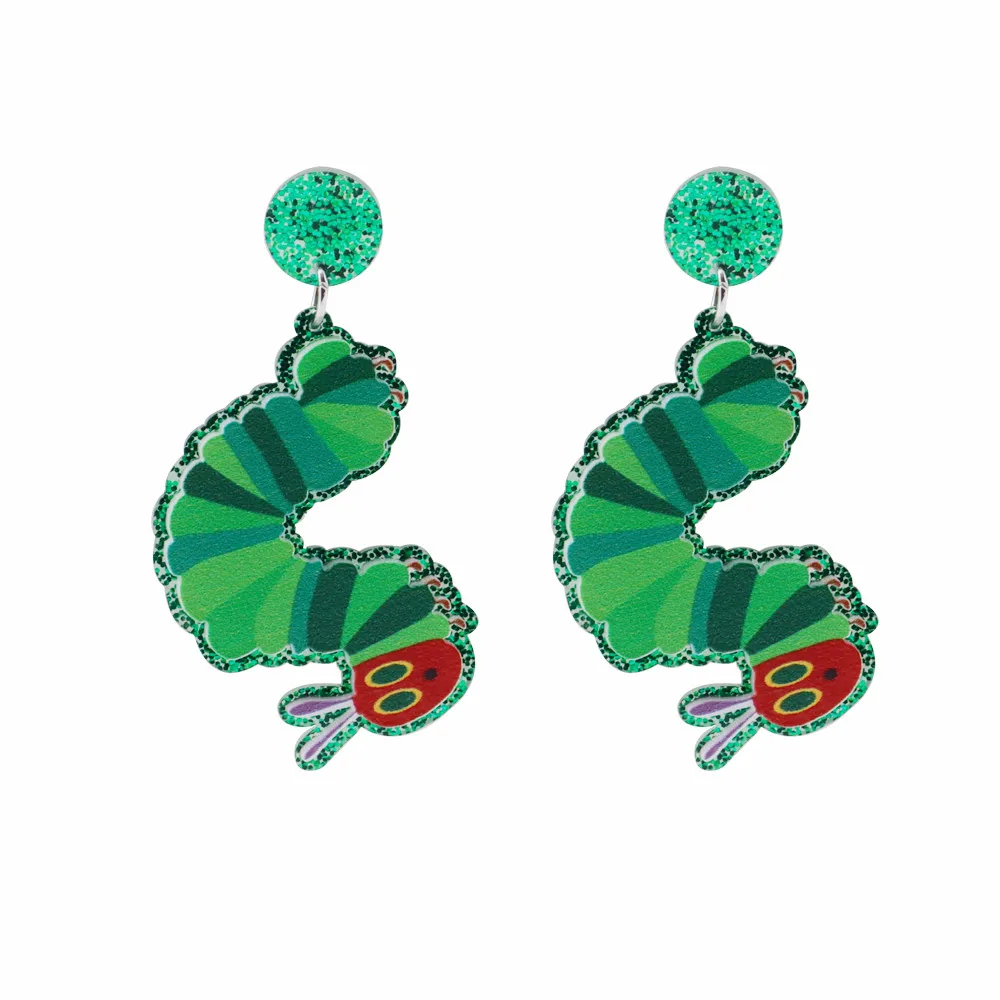 New Funny Creative Green Caterpillar Acrylic Earrings for Women Girl Creative Lovely Insect Long Dangle Earrings Fashion Jewelry