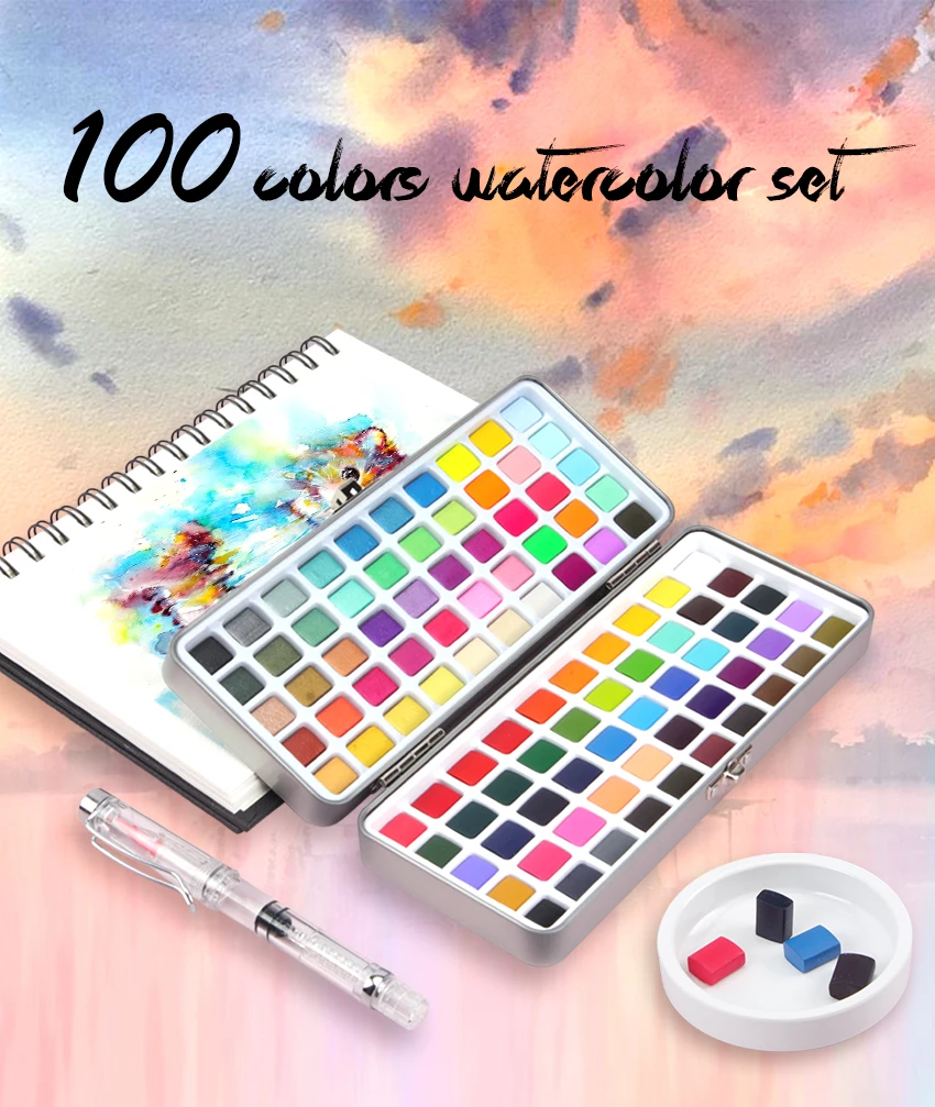 Seamiart 50/72/90/100 Farben, festes Aquarellfarben-Set, einfache Neone-Glitzer-Aquarellpigmente zum Zeichnen, Kunst, Farbzubehör – Detail 1