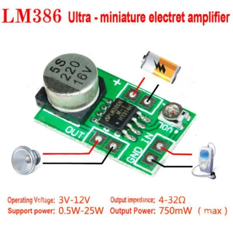Adjustable Mini LM386 DC 3.8V-12V 150mA 5V Audio Power Amplifier Board Micro Amp Module Max 750mW high Impedance Voice AMP