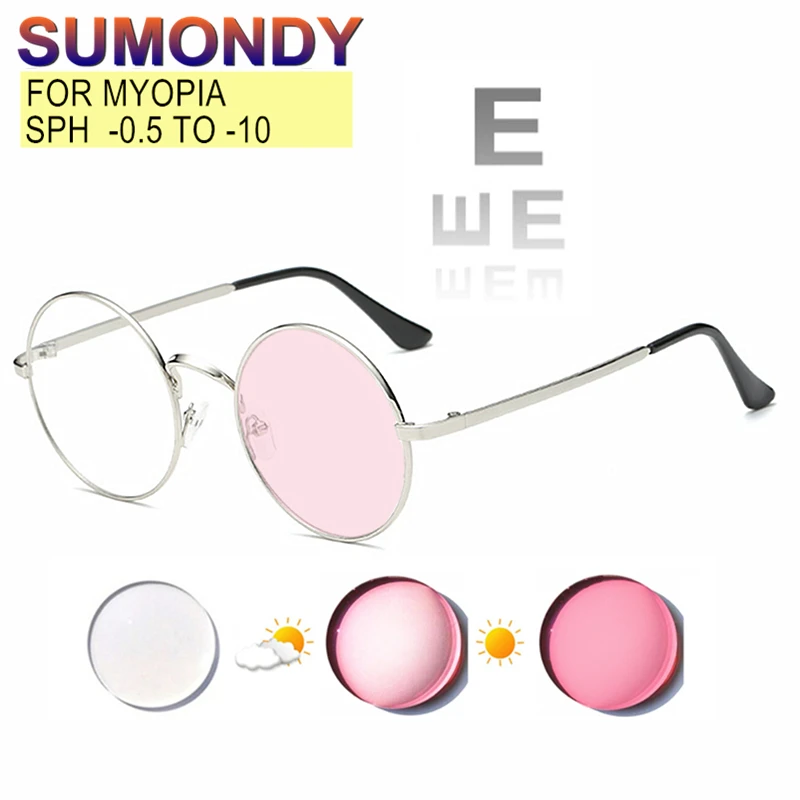 Myopia Glasses Prescription -0.5 to -10 Round Alloy Frame Men Women Short Sighted Spectacles Photochromic Anti Blue Ray UF29