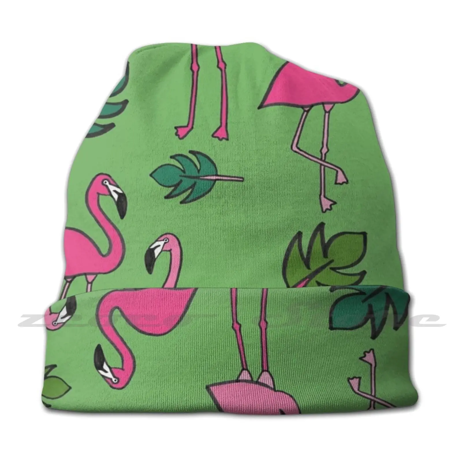 Flamingo Print-Green Diy Pullover Cap Knit Hat Plus Size Keep Warm Elastic Soft Flamingo Flamingo Pink Feathers Birds Tropical