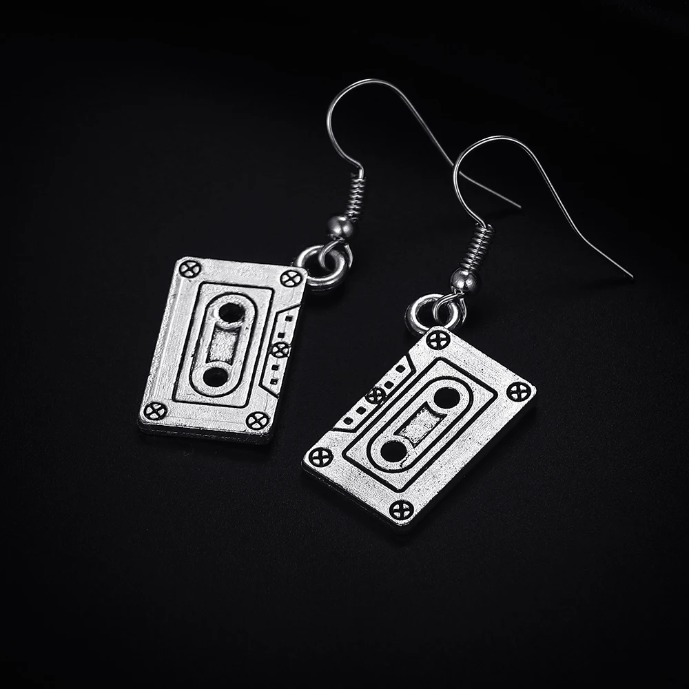 Trendy Vintage Cassette Shape Dangle  Antique Silver Plated Earrings for Women Girl Retro Drop Earrings Cute Earring Jewelry