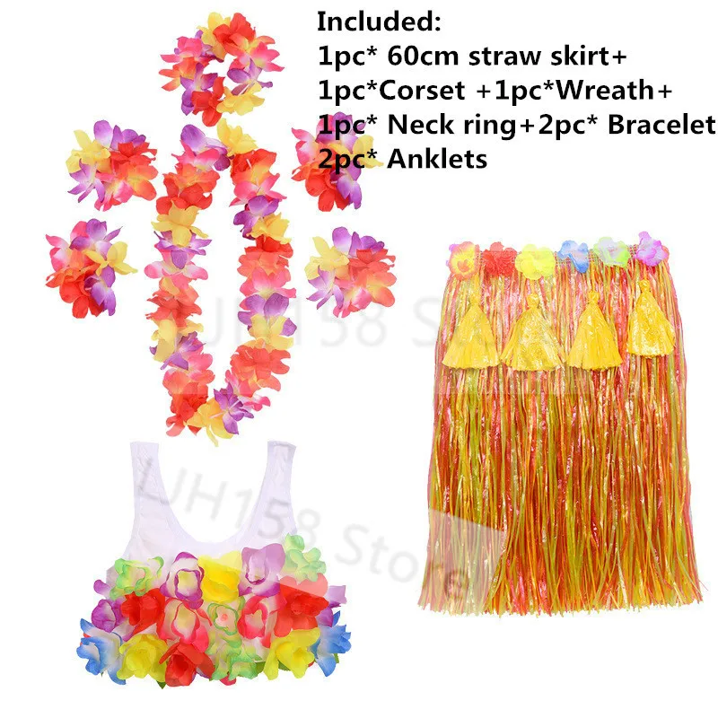 8Pieces Party Dress Suit Colourful 60CM Thickened Flow Combed Hawaiian Lafite Grass Straw Dress Skirt Corset Neck Ring Set