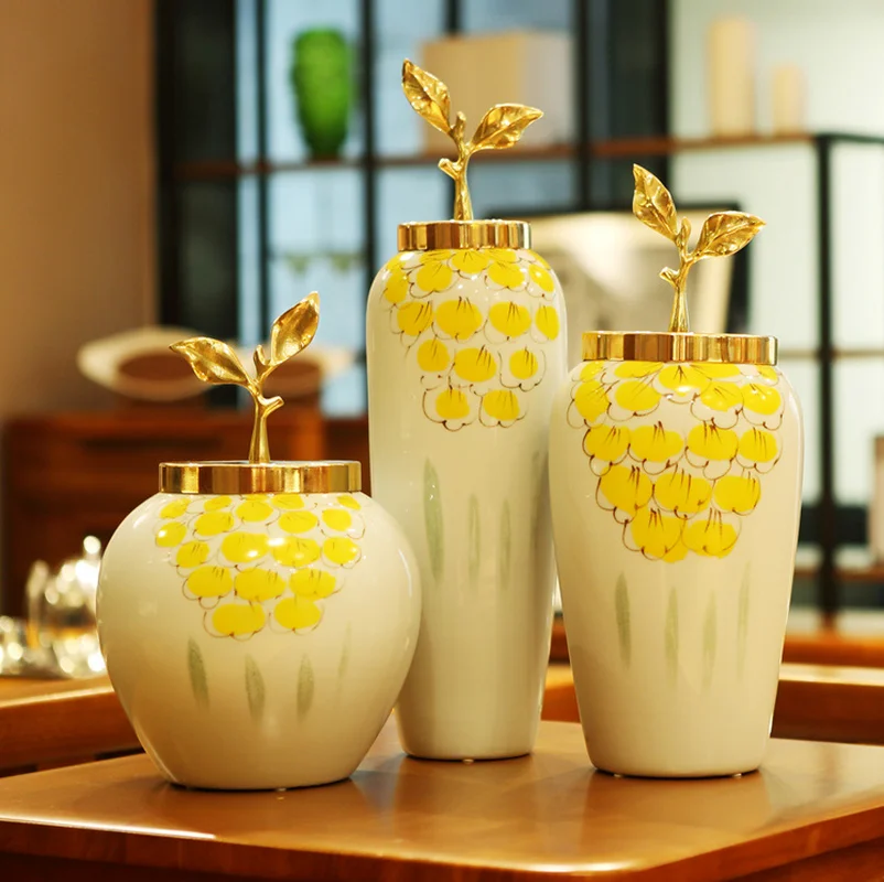 European Ceramic Vase Decoration Pure Copper Leaves Cover Flower Ornament Storage Storage Tank Living Room TV Cabinet Ornaments