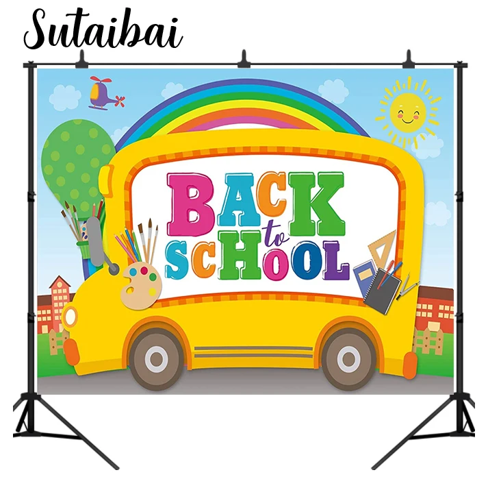 Back To School Backdrop Welcome Student First Day of School Kindergarten Preschool Online Teaching Party Bus Rainbow Background