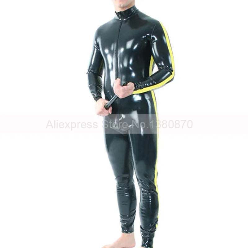 Rubber Latex Men Catsuit Black and Yellow Side Strips Tight Bodysuit Handmade Jumpsuit S-LCM153