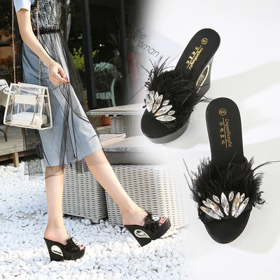 Best Sellers Summer Slippers Women Crystal Fur Platform Wedge Thick Sole High Heels 13CM Outdoor Mules Slides Sweet Beach Shoes