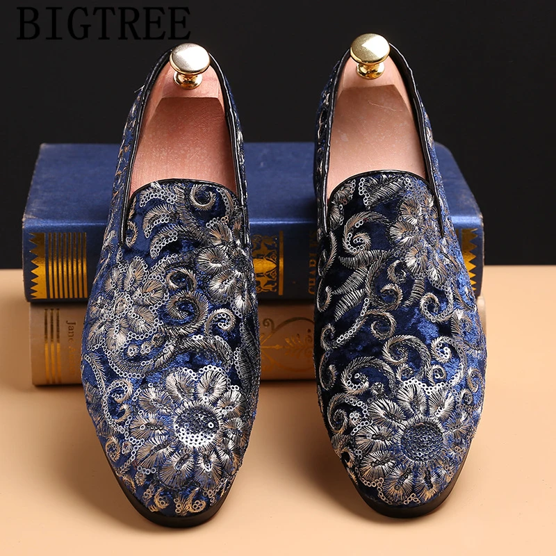 Mens Glitter Shoes Brand Party Shoes For Men Loafers Embroidery Wedding Shoes Men Formal Sepatu Slip On Pria Zapatos Oxford Homb