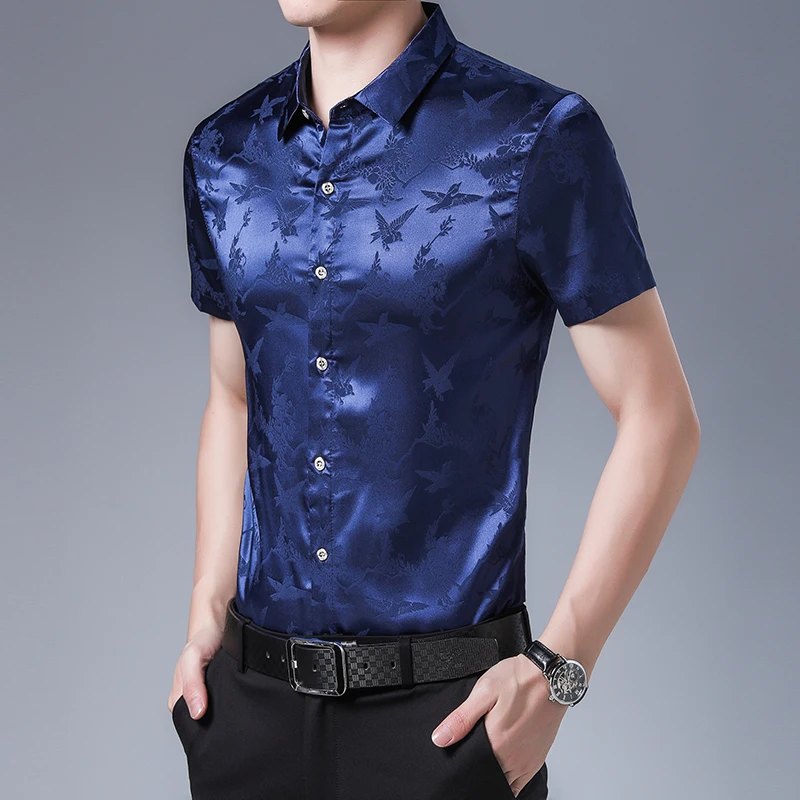 Summer 2021 Men\'s Birds Silk Dress Shirt Casual Short Sleeve Floral Streetwear Male Soft Silk Shirts Clothes