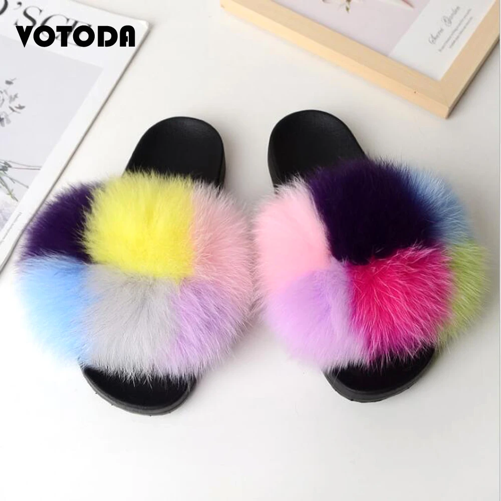 Children Slides Real Fox Fur Slippers Kids Fluffy Raccoon Sandals Fashion Furry Home Flat Flip Flops Baby Girls Cute Plush Shoes