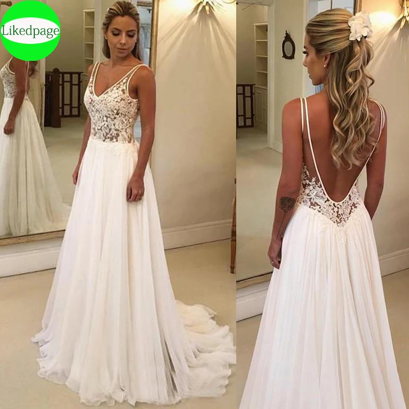 

Beach Wedding Dress Boho Vestidos De Novia Sexy Illusion V Neck Lace Appliques Boda Bride Gown 2021 Robe Mariage Trouwjurk