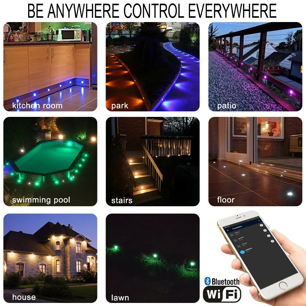 10Pcs/Set 30mm RGB Changeable Color 12V LED Deck Stair Step Terrace Lights Wifi Controller Dimmer Timer for Alexa Google Home