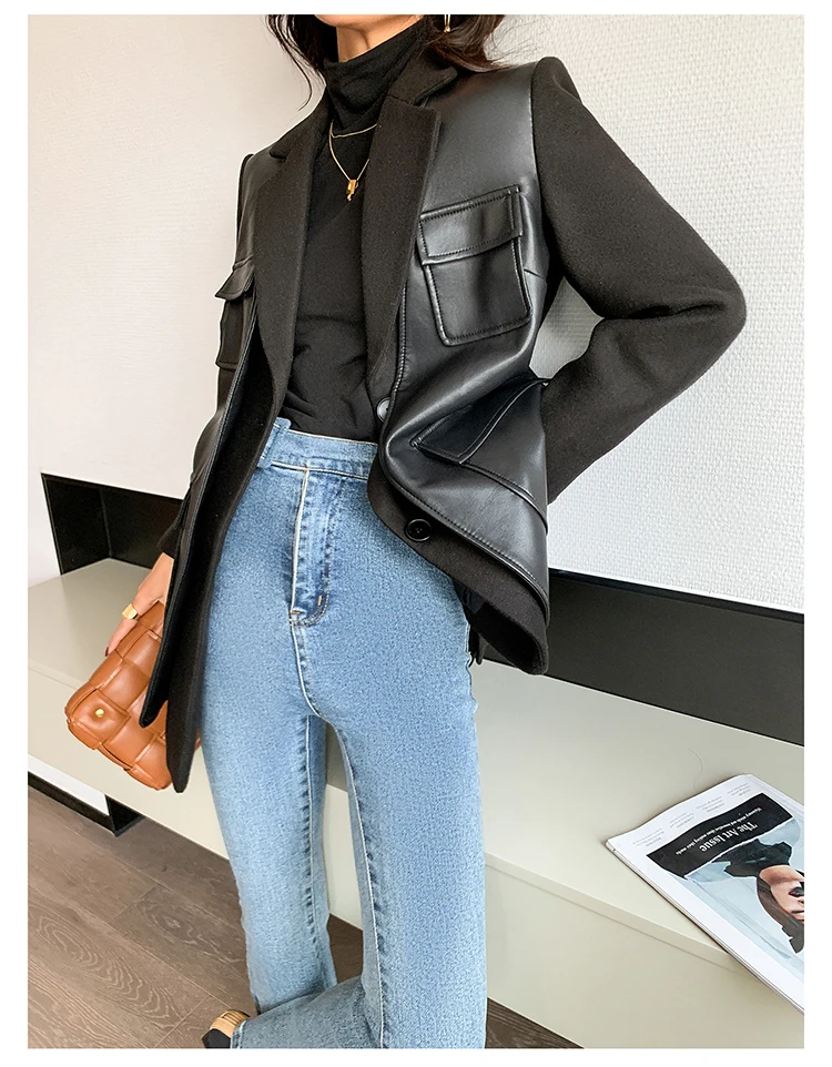 Nerazzurri Autumn Black Wool Blends Patchwork Leather Jacket Women with Many Pockets Long Sleeve Korean Fashion Streetwear 2022