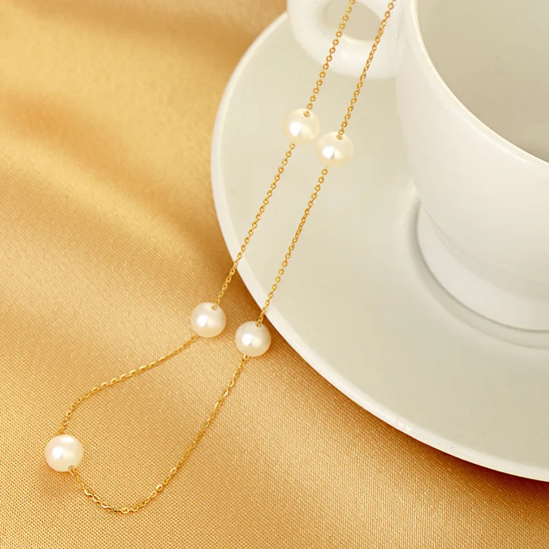 Real 18K Gold Chain Necklace Round Pearl Gypsophila Necklace For Women,Freshwater Pearl Choker Necklace Wedding Jewelry
