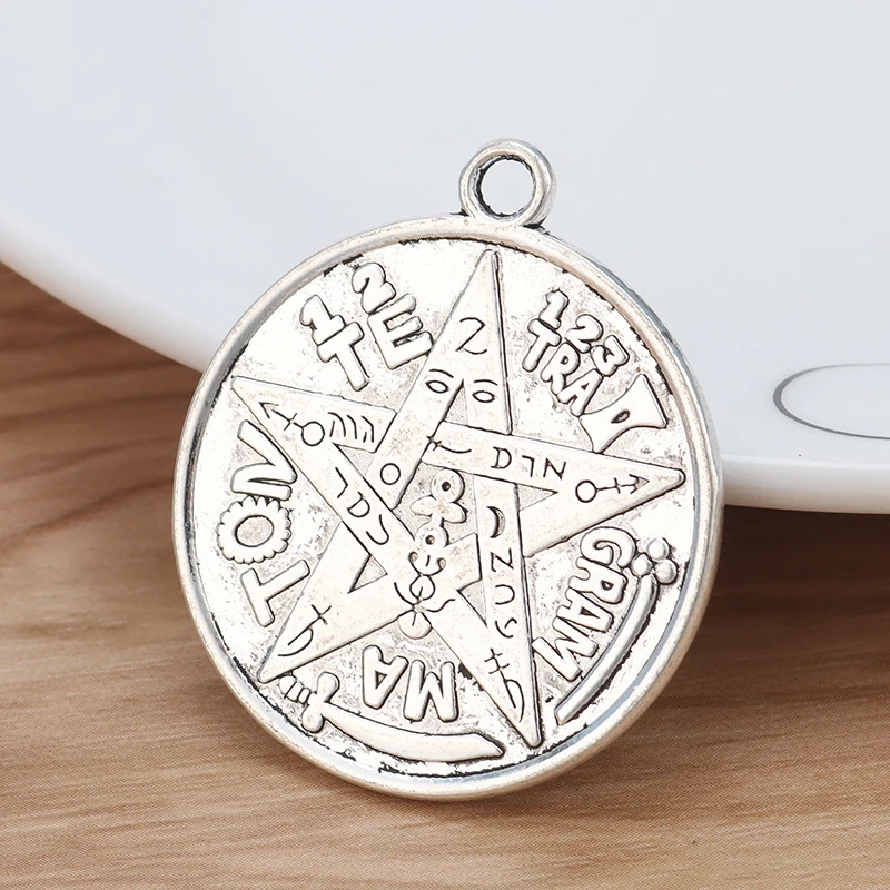 2 Pieces Tibetan Silver Dinero Tetragrammaton Pentagram Pentacle Round Charms Pendants for Necklace Jewellery Making 35mm