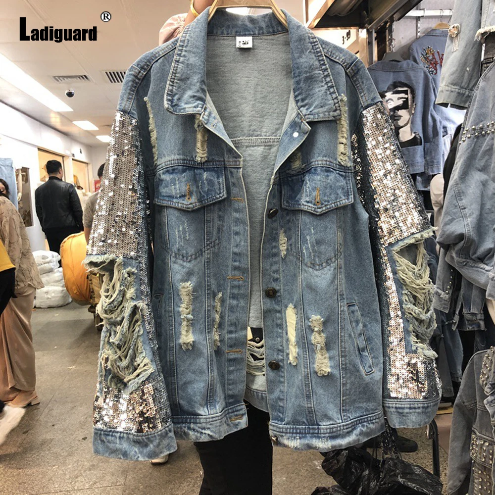 Ladiguard Women Sexy Ripped Denim Jacket Patchwork Sequins Demin Jackets Loose Vaqueros Mujer 2023 Single Breasted Top Outerwear