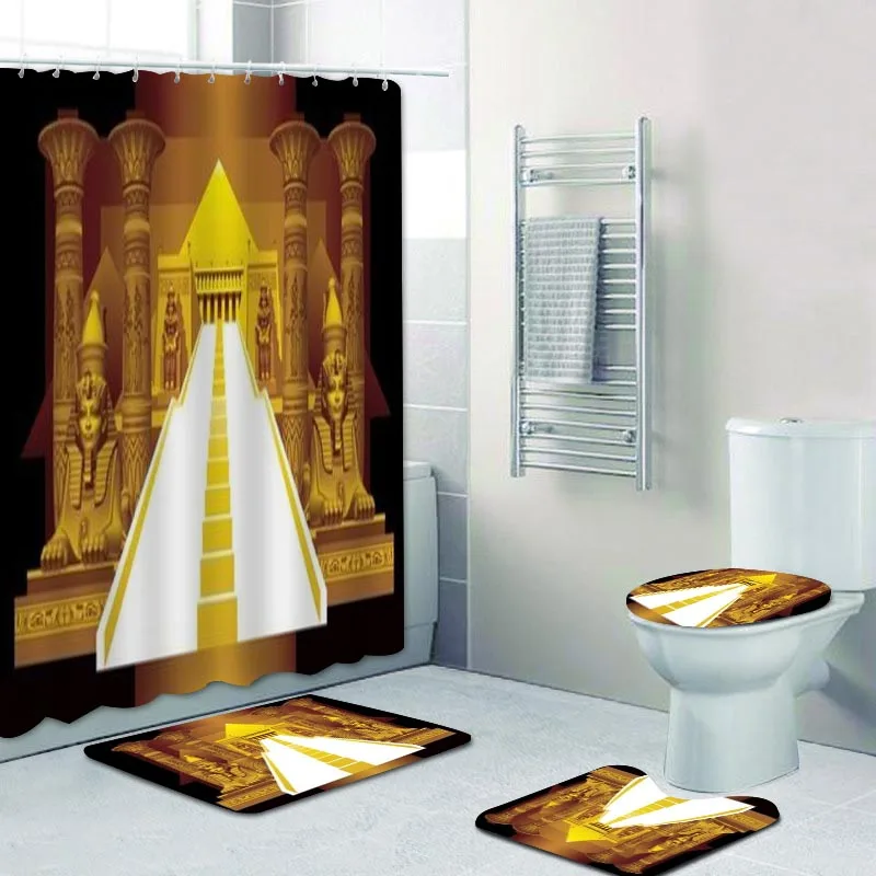 Luxury 3D Egypt Pharaoh and White Stairs Egyptian Temple Bathroom Home Decor Black Gold Egyptian Queen Sphinx Shower Curtain Mat