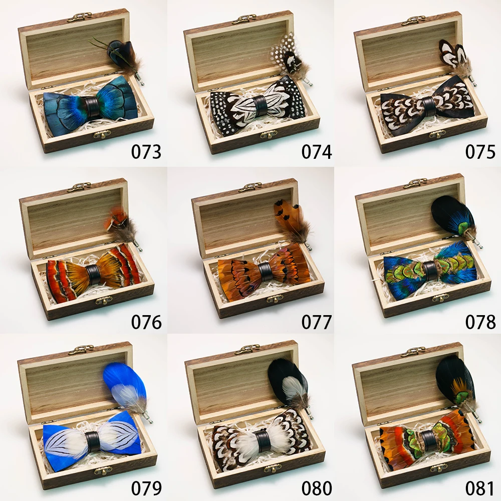 EASTEPIC Handmade Feather Bow Tie Brooch Wooden Box Set Men's Exquisite Accessories for Wedding Party Birthday Gift Necktie
