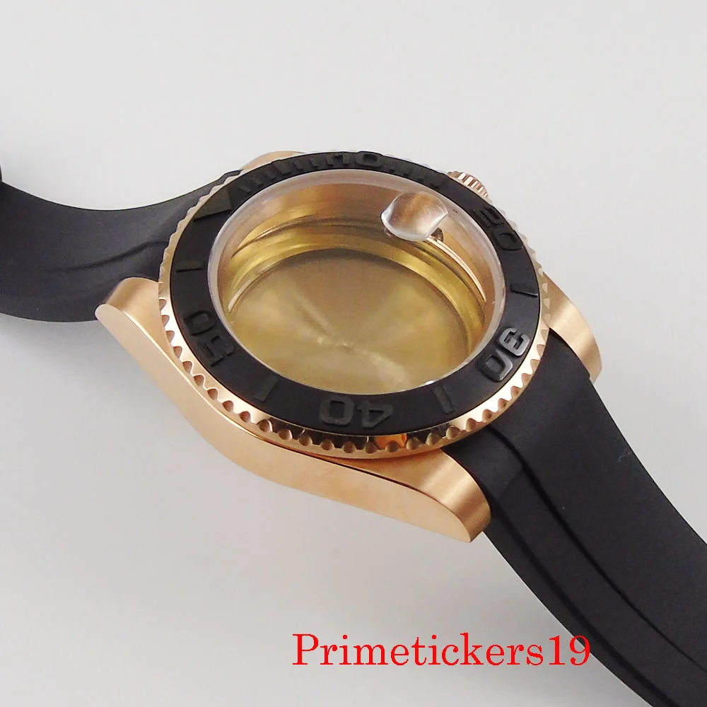 Bliger rose gold plated men watch case fit ETA 2836 MIYOTA 8215 automatic movement rotating bezel rubber band