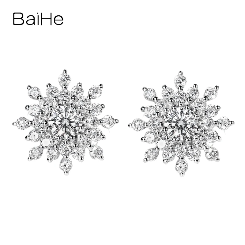 BAIHE Solid 14K White Gold H/SI Natural Diamond Flower Stud Earrings Women Wedding Fine Jewelry Kukkakorvakorut Aretes Flores