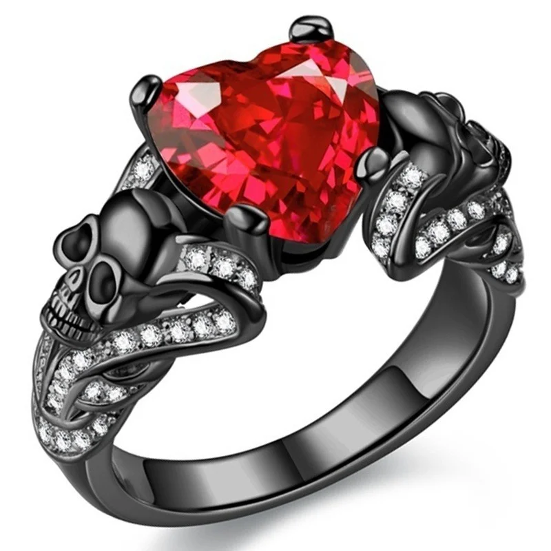 FLIUAOL High Quality Gothic Jewelry Purple Red Black Crystal Unique Black Skull Rings for Women