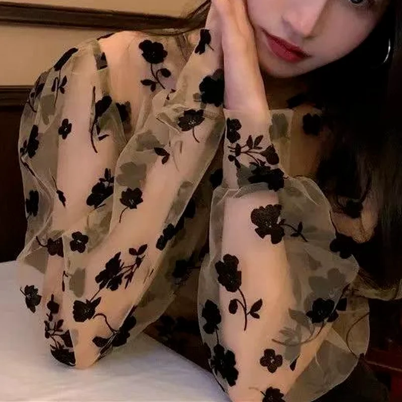 Sets Women Mesh Blouse Tops Floral Fashion Summer 2021 Lantern Sleeve Korean Style O-Neck Camisoles Tender Ins 2 Pieces Outfits