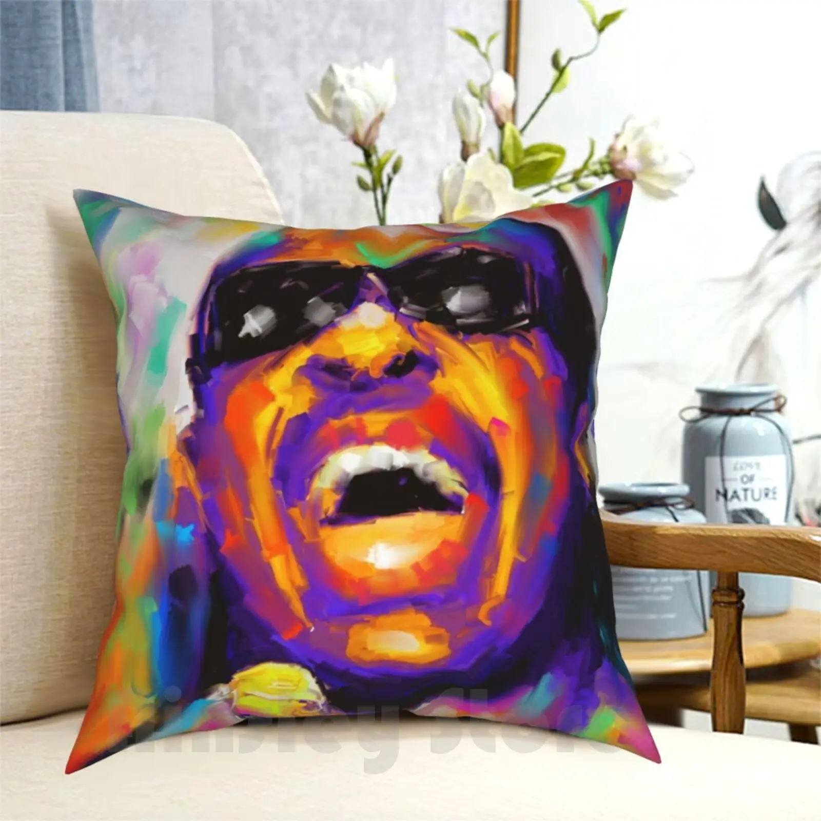 Funda de almohada con retrato colorido, almohada suave estampada para el hogar, funda de álbum Soul Funk Music Stevie Motown Wonder de los años 70