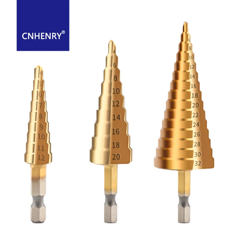 HSS Step Drill Titanio Rivestito Hole Trapano Cono Punta del trapano 4-12/4-20/4-32mm per la Lavorazione Del Legno Metallo perforazione Set