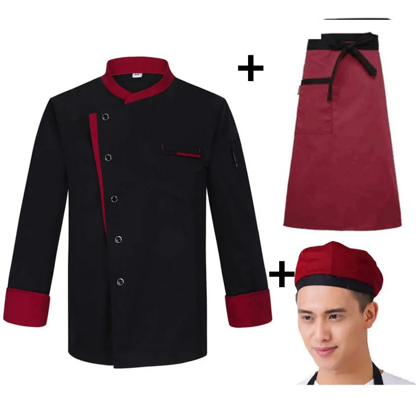 Unisex Chef Uniform dla kobiet kelner restauracja krótka koszula z długim rękawem kuchnia Baker Jacket Hat fartuch Cook Work Clothes Men