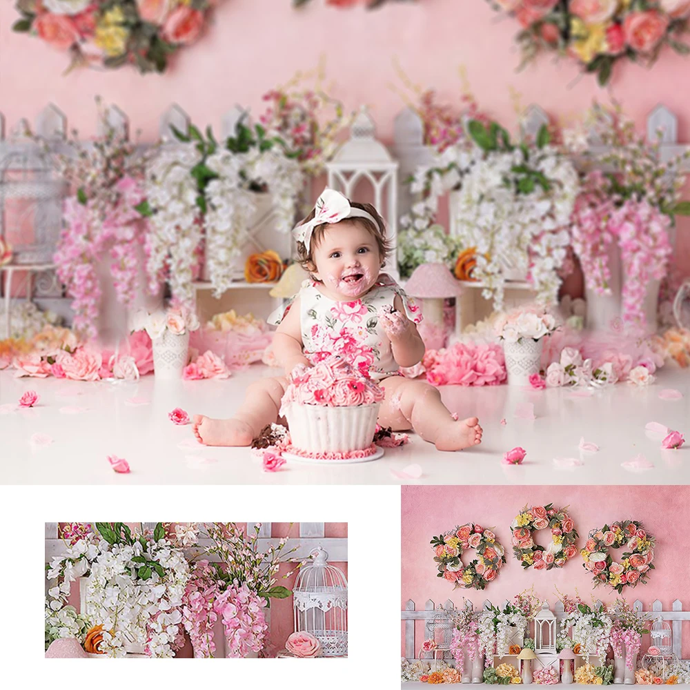 

Kids Cake Smash Backdrop Floral Garden Newborn Photography Baby 1st Birthday Portrait Pink Rose Girl Photostudio Background