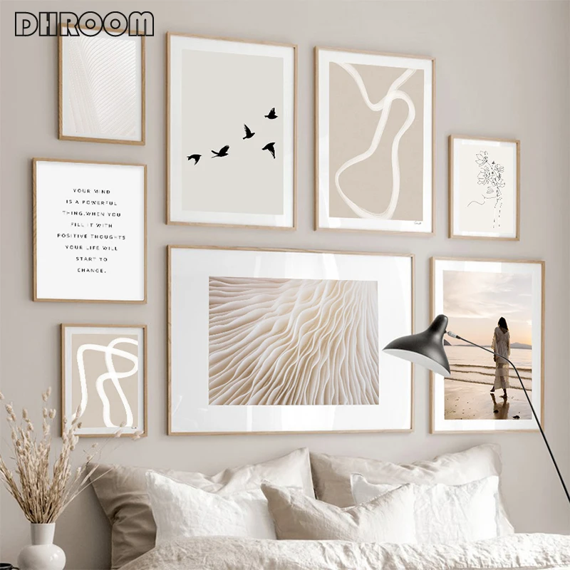 

Boho Style Abstract Line Beige Wall Art Calm Sea Woman Canvas Paintings Scandinavian Poster Print Picture Home Interior Decor