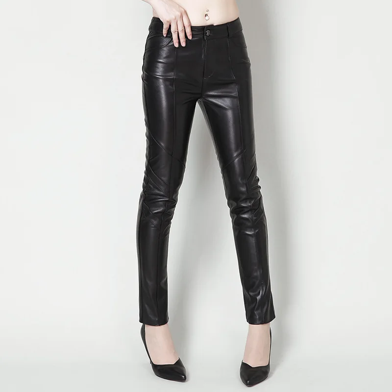 New Womens Genuine Leather Solid Fashion Pencil Pants Office Lady Slim Elegant High Street Black Pants Korean Style