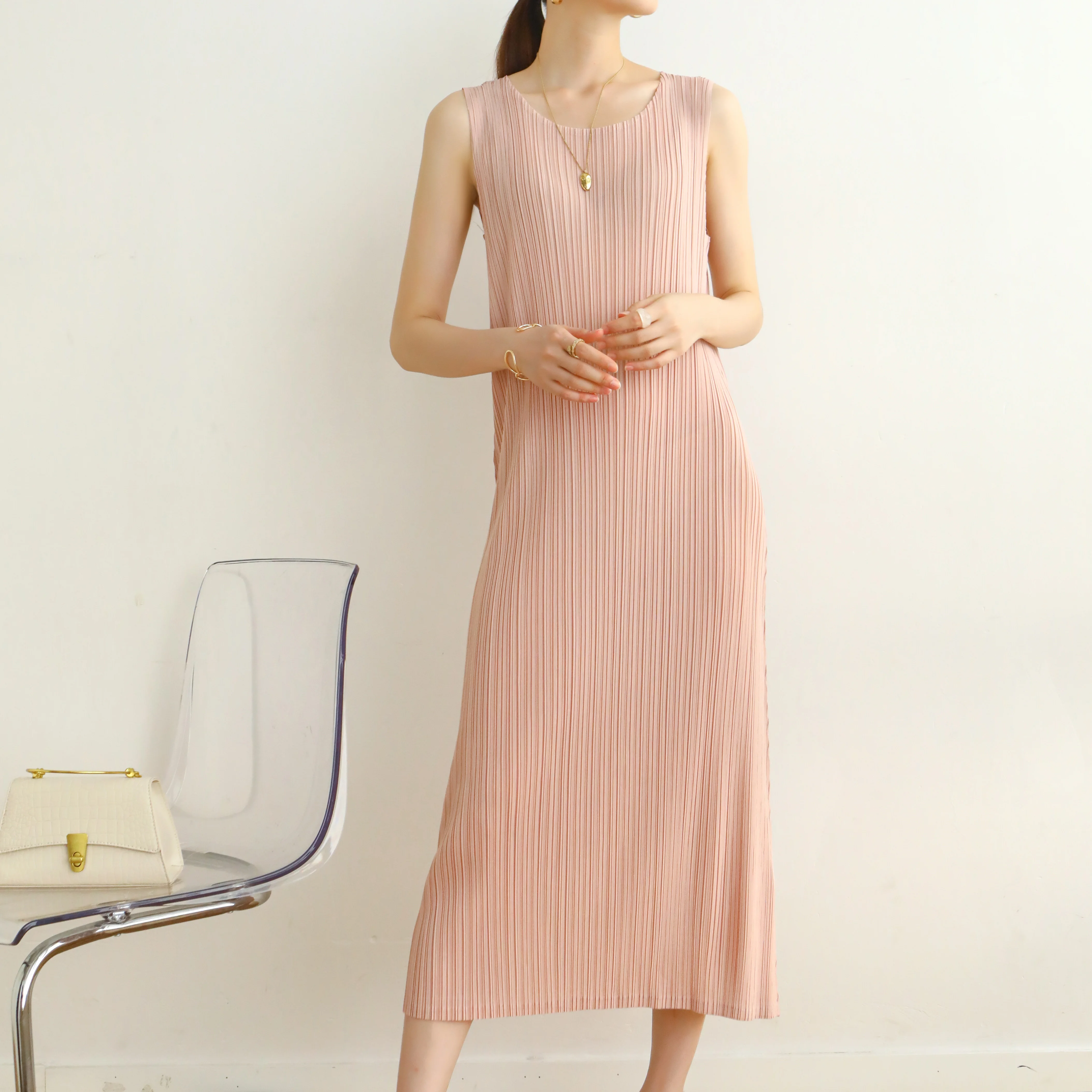 New line of Japanese style fall miyake pleated fashion sleeveless slimming bottom slimming tank dress