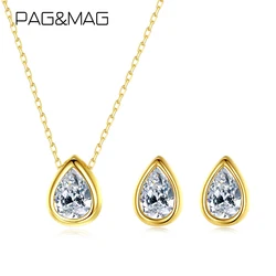 PAG&MAG Water Drop Cubic Zirconia Earrings Necklace Set Real 925 Sterling Silver Jewelry Set For Women Bridal Wedding Jewelry