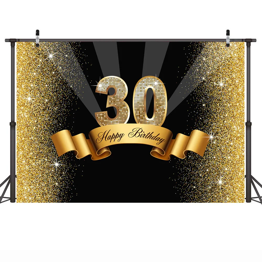 Toile de fond de photographie de fête d'anniversaire, toile de fond de paillettes dorées, ruban de réunion, studio photo, 30e, 40e, 50e, 60e anniversaire