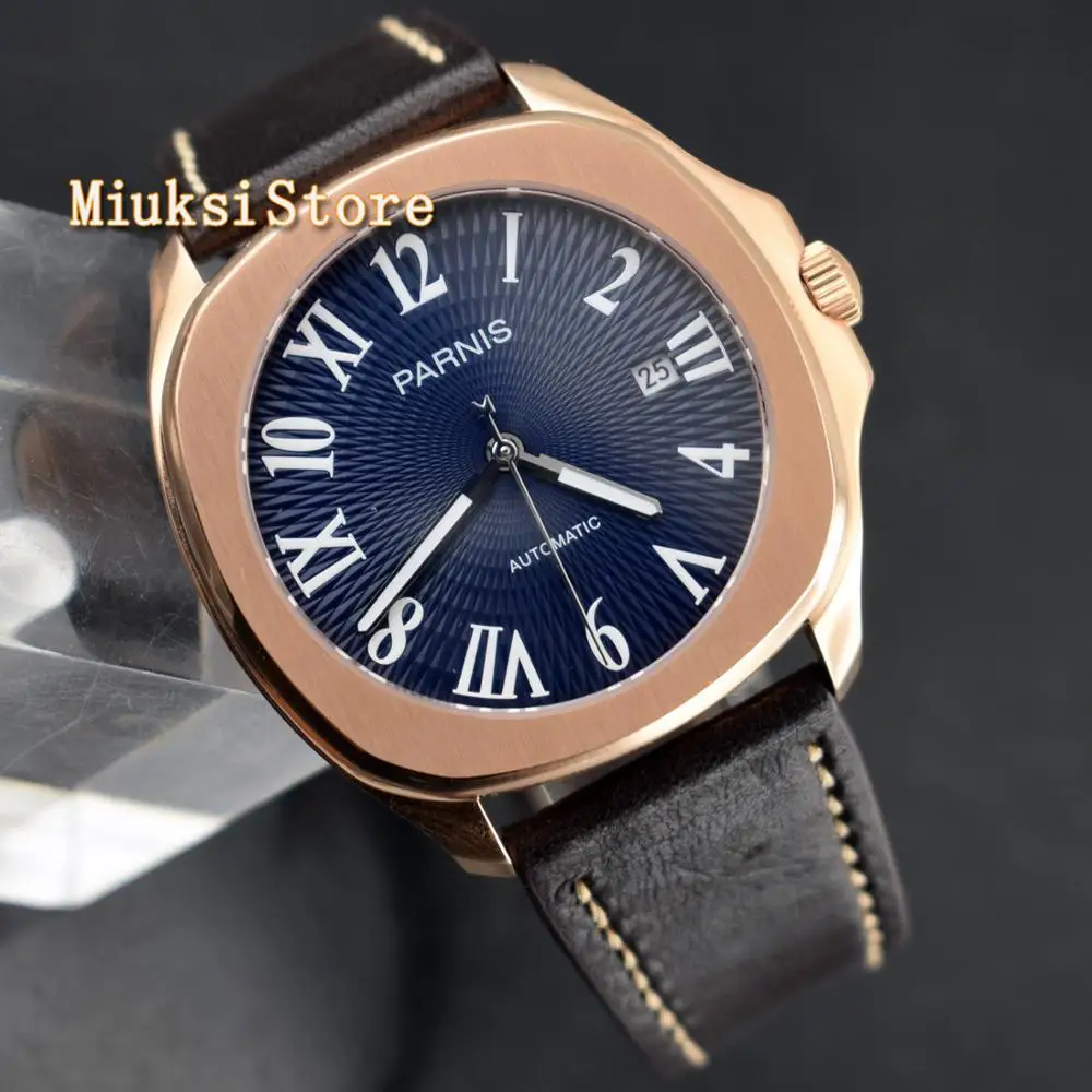 Parnis 40mm mens luxury top mechanical watch  gold case brushed bezel white dial navy miyota automatic waterproof watches