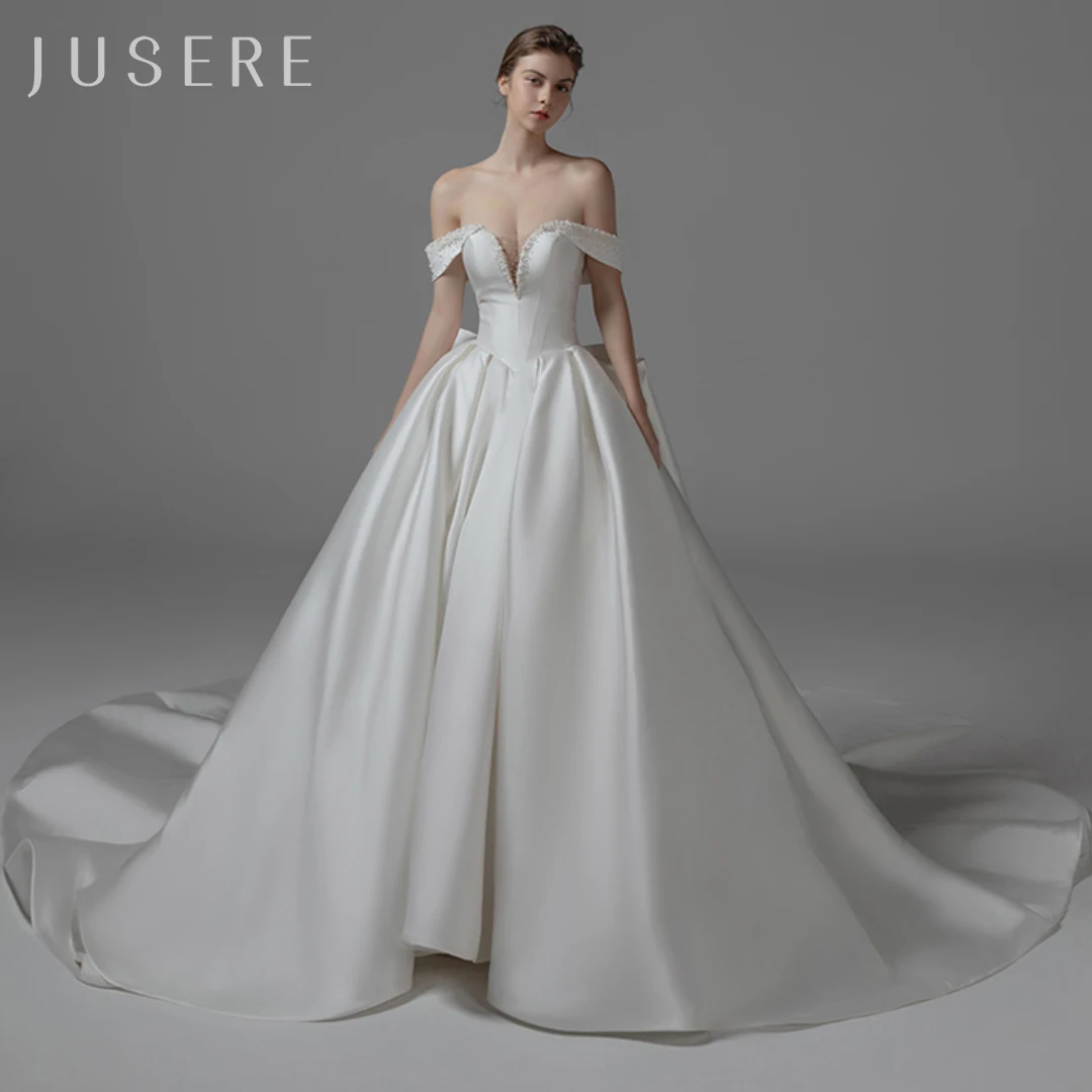 Jusere off shoulder Satin bridal dress  Gigot  wedding dress Ball gown bridal gown white dress with Cathedral train