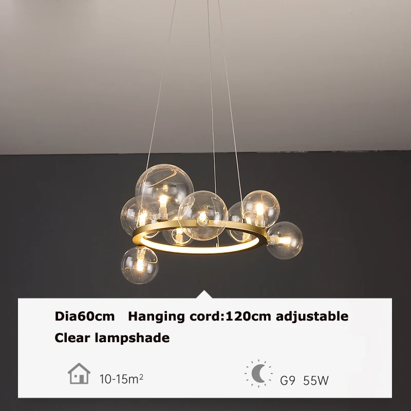 LED zilveren kroonluchter Art Deco postmoderne Bubbles glazen kroonluchter Ronde zwarte ophanging voor eetkamer ringkroonluchter