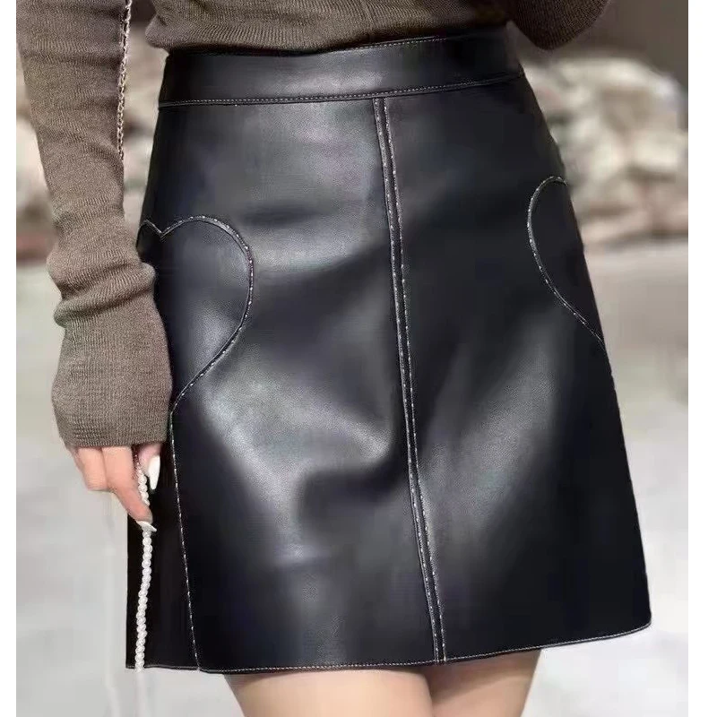 

2021 New Stylish Women Genuine Leattylish Women Genuine Leather Skirt A-line Gray/white OL Step on line short skirther