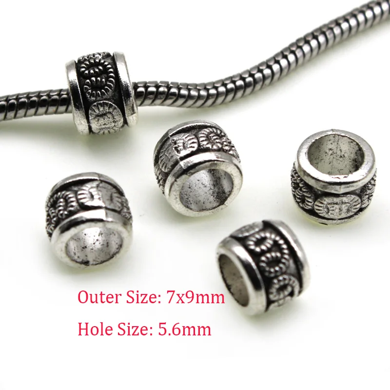 20pcs/lot Tibetan Silver Metal Big Hole Accessories Loose Tube Spacer Beads Handmade For Bracelet DIY Jewelry Making Supplies
