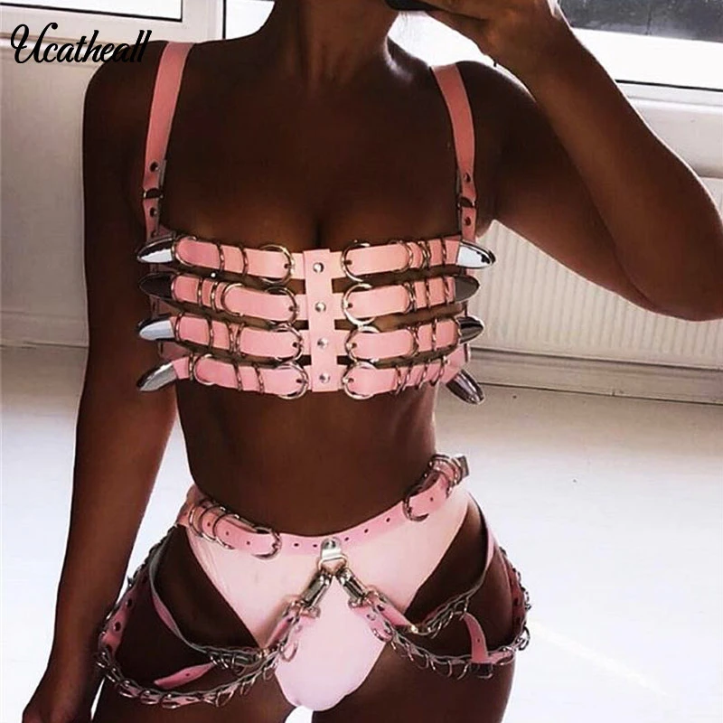 PU Leather Tank Tops +shorts Two Piece Set Sexy Women Off Shoulder Adjustable Night Club Party Cropped  Hollow Out 2 Piece Set