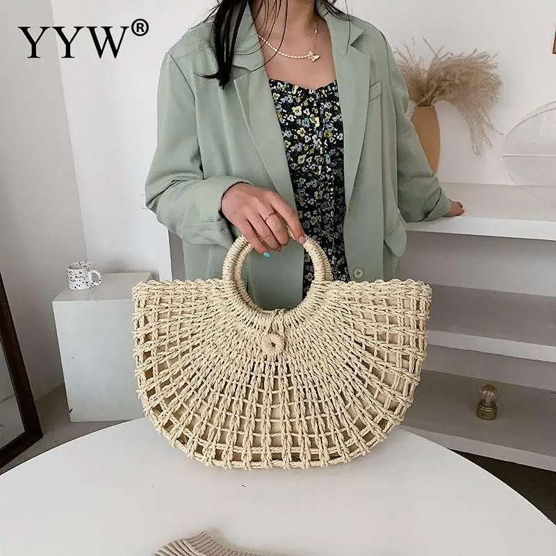 Moon Shape Handmade Bags for Women Weaving Ladies Straw Bag Large Women Handbags Straw Bag Clutch Top Handle Handbags Hollow